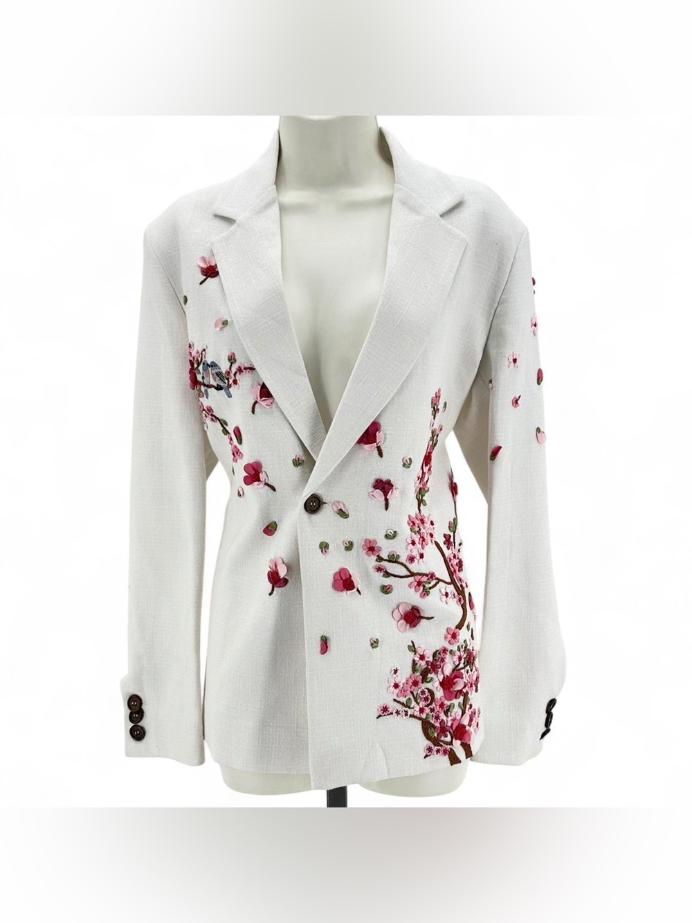Perte D'ego white & pink floral embroidered blazer